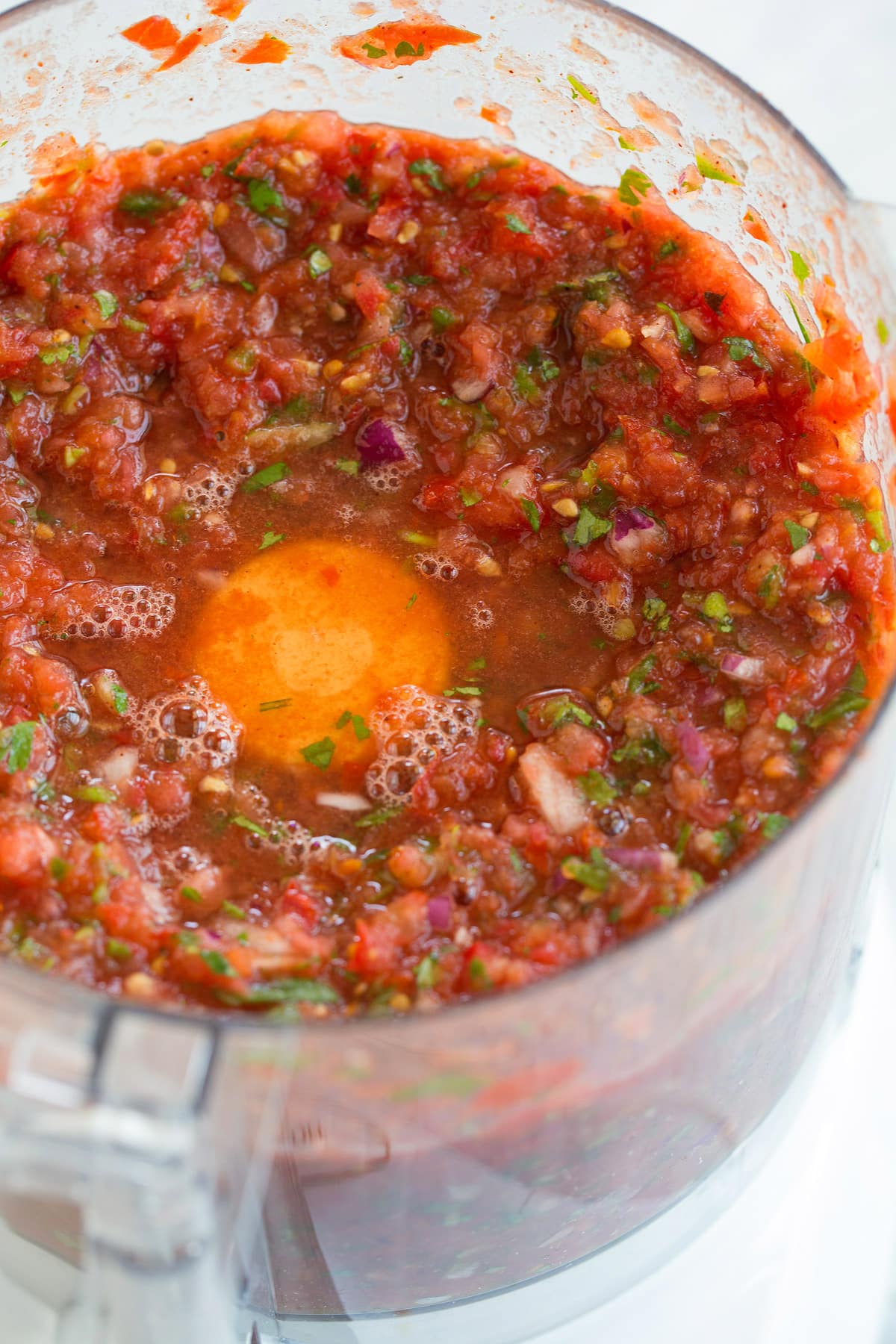 Fresh Homemade Salsa in a food processor after blending.