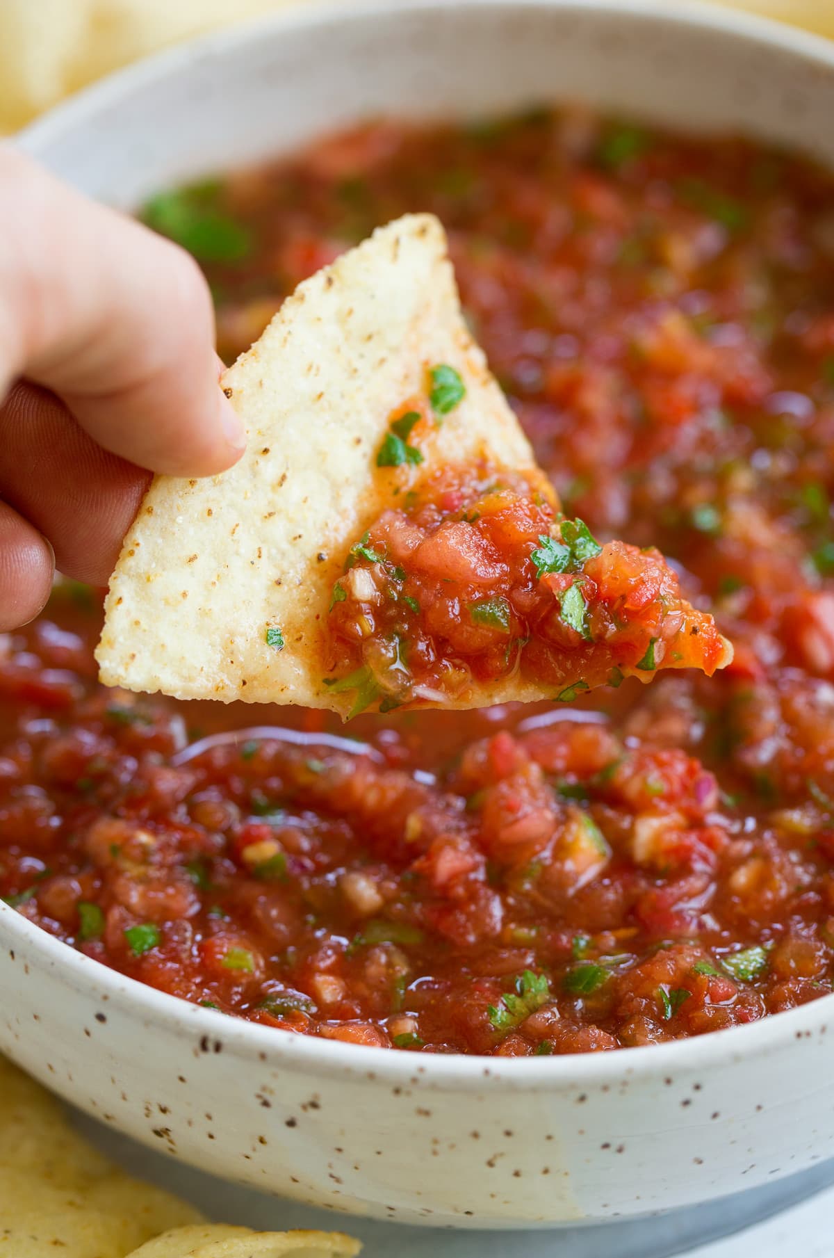 dipping a tortilla chip into a bowl of salsa