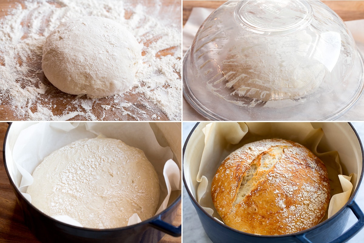 Four steps showing shaping, rising and baking no knead bread shown here.