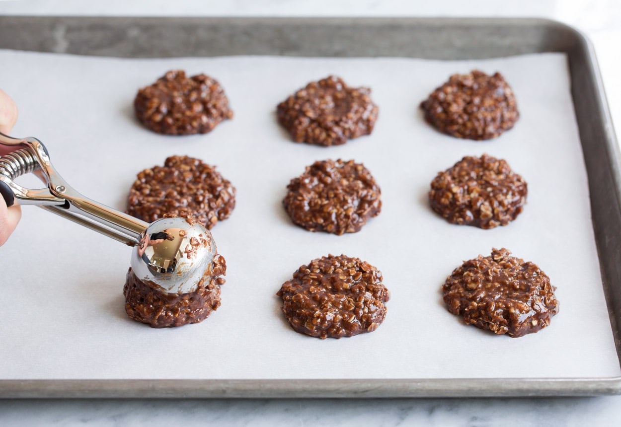 No Bake Cookies spooning mixture onto baking sheet