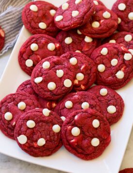 Red Velvet Cookies shown from a side angle on a platter.