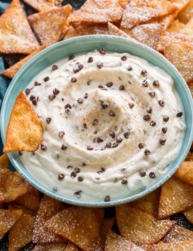 Close up photo of cannoli dip with chocolate chips.