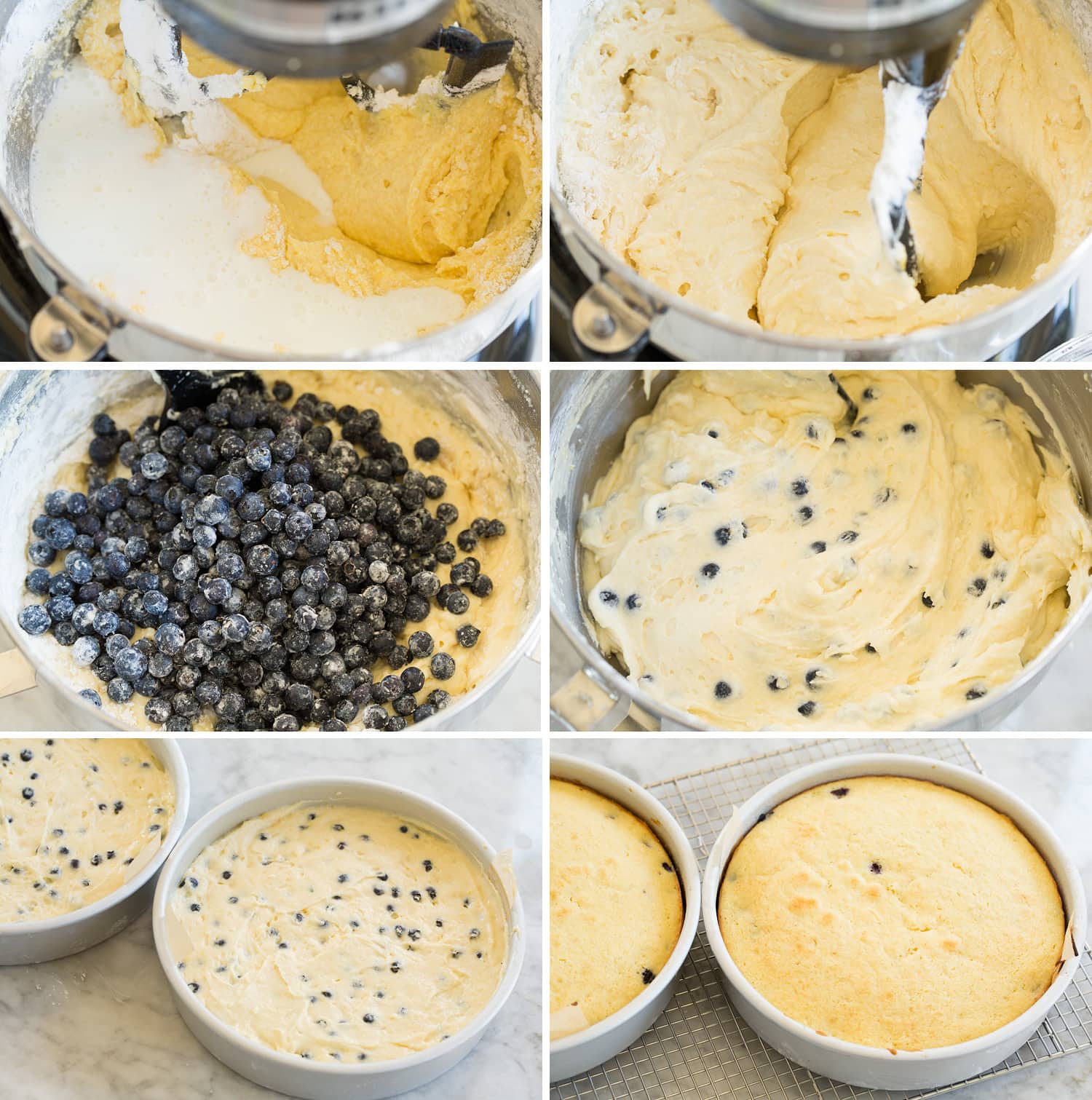 Finishing lemon blueberry cake batter and pouring into cake pans.