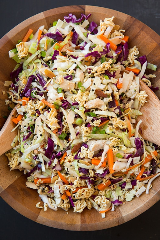 Asian Ramen Salad in wooden salad bowl