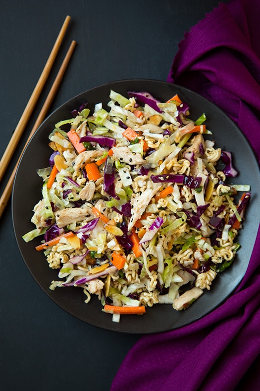 Asian Ramen Salad on plate with chopsticks