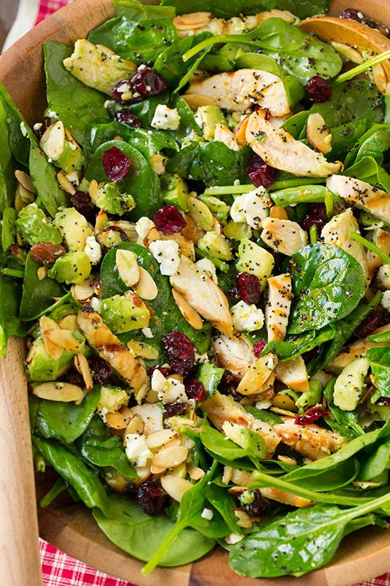 Cranberry Avocado Spinach Salad with Chicken and Orange Poppyseed Dressing | Easy Cooking Zone