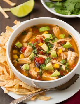 Chicken tortilla soup in a white bowl