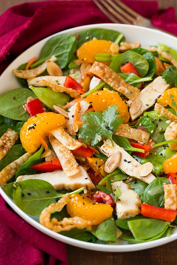 Mandarine Orange Spinach Salad with Chicken and Lemon Honey Ginger Dressing