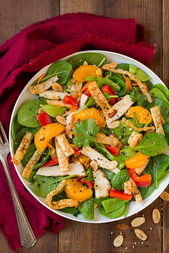 mandarin orange salad with chicken in white bowl