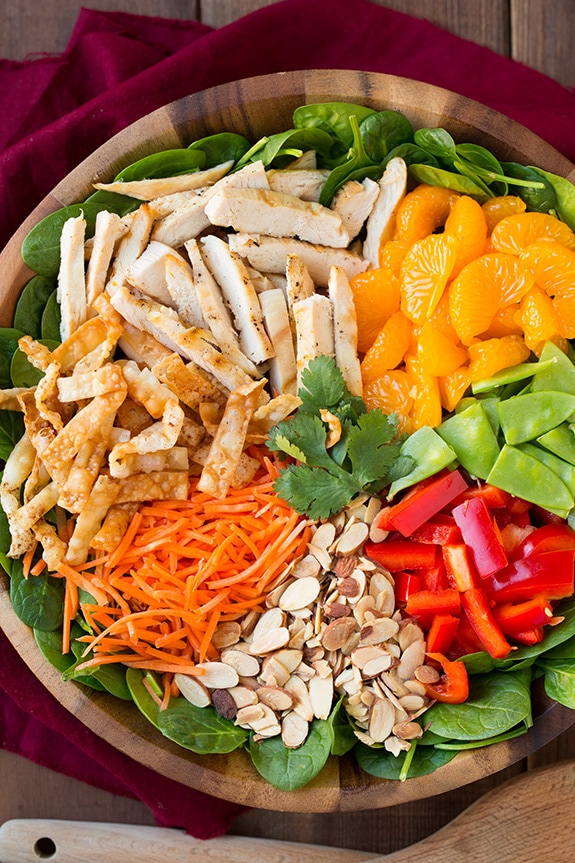 mandarin orange salad ingredients in large wooden bowl