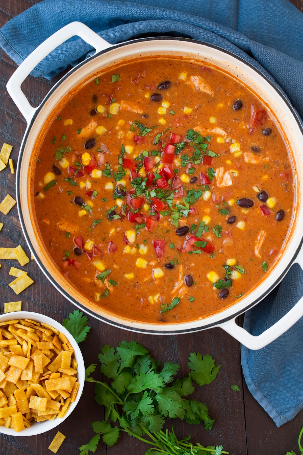 chicken enchilada soup in a white pot