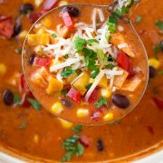 Ladle full of chicken enchilada soup with toppings.