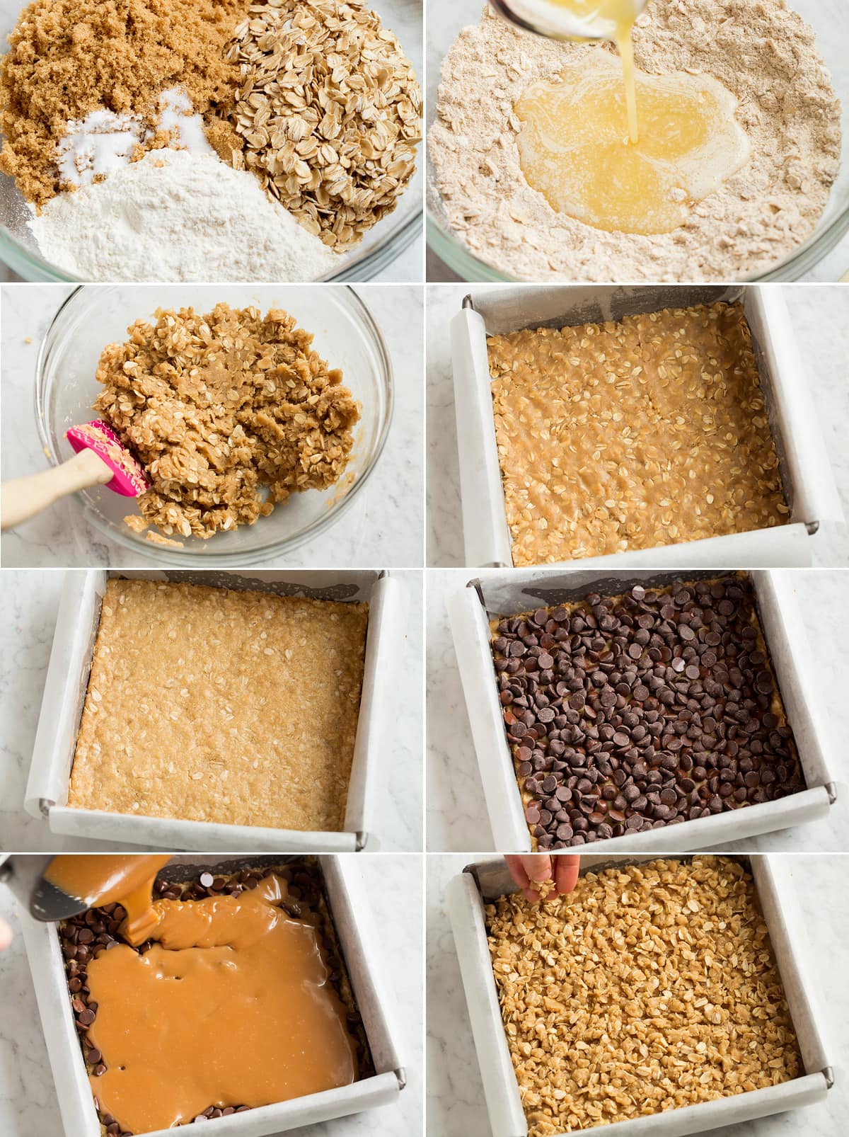 Collage of eight photos showing how to make carmelitas cookies.