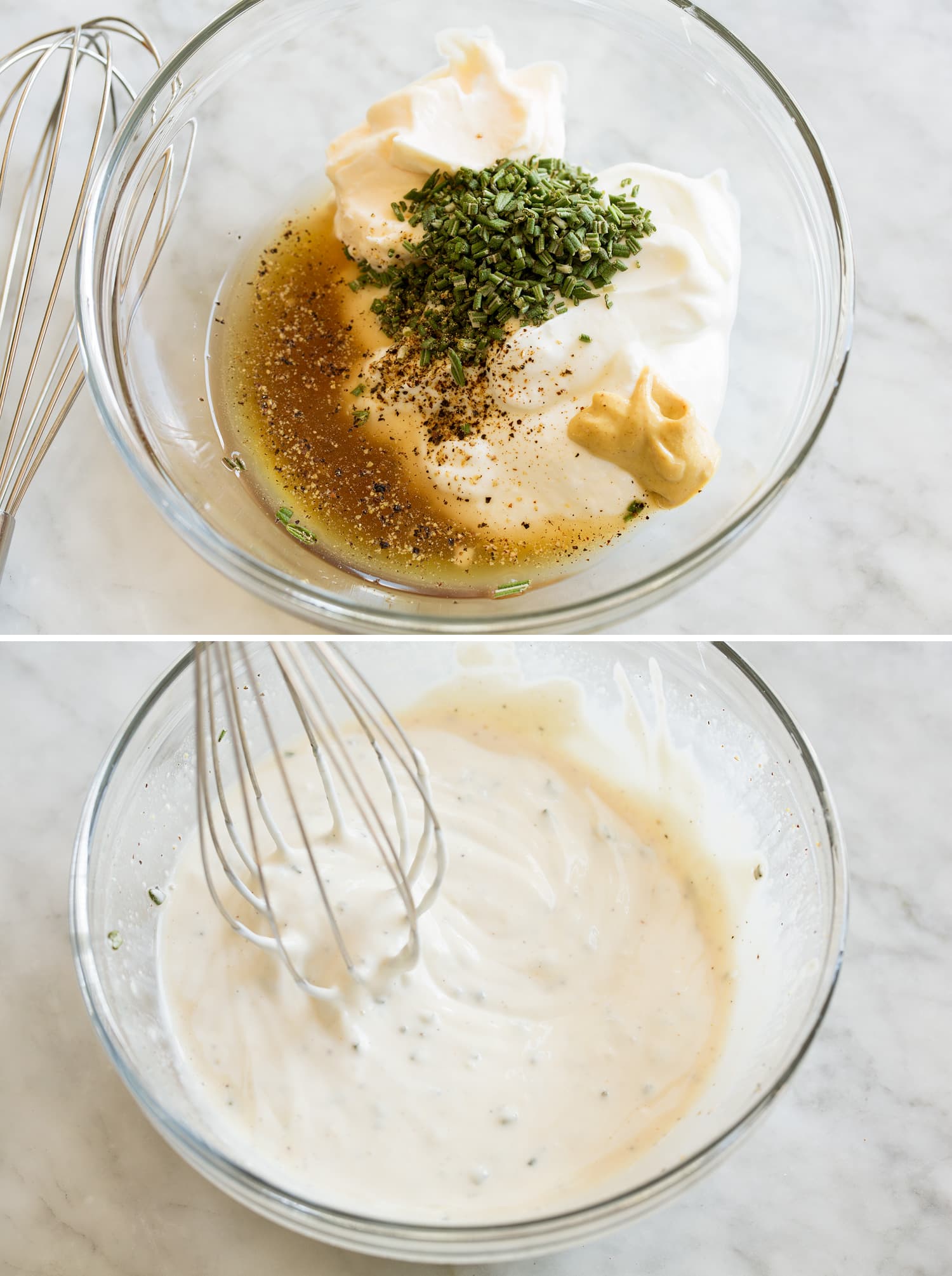 Making chicken salad dressing in mixing bowl.