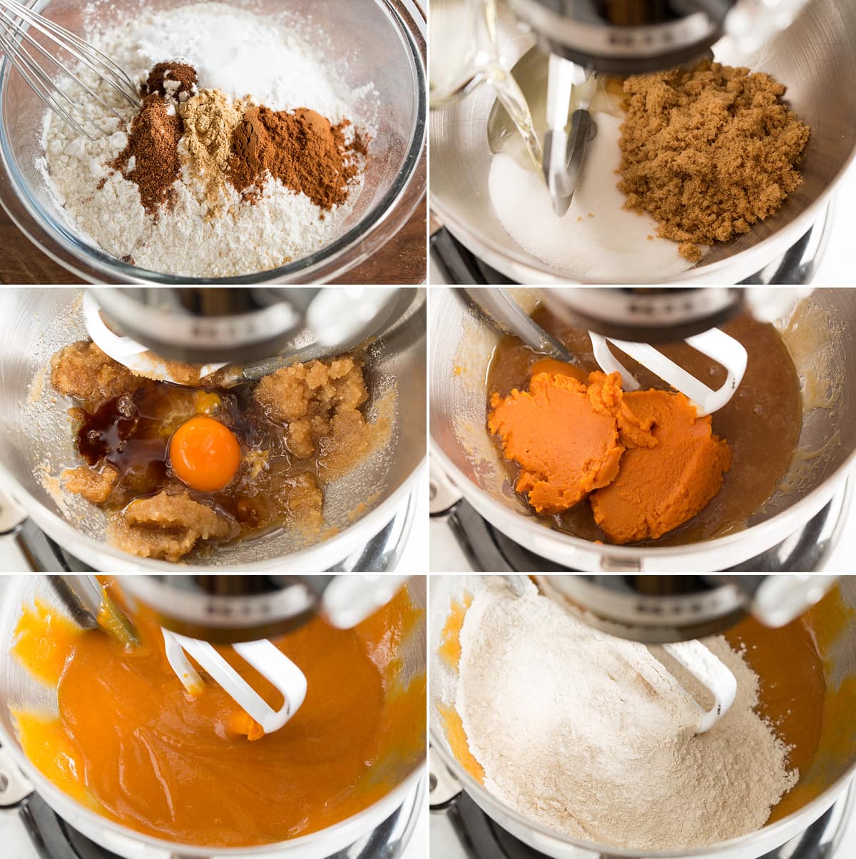 Collage of six images showing how to make pumpkin chocolate chip cookie batter. Shows mixing flour and spices, mixing sugar and oils, blending in egg then pumpkin and mixing in flour mixture with wet mixture.