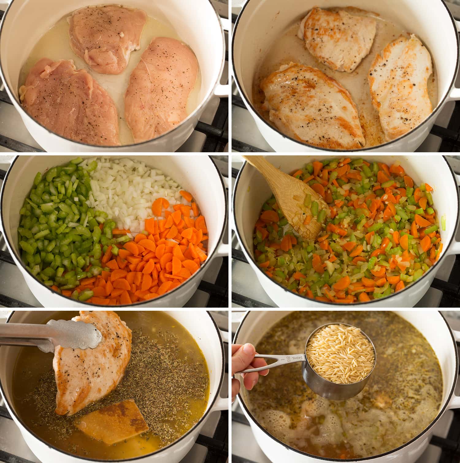 Photos of steps to make lemon chicken orzo soup.