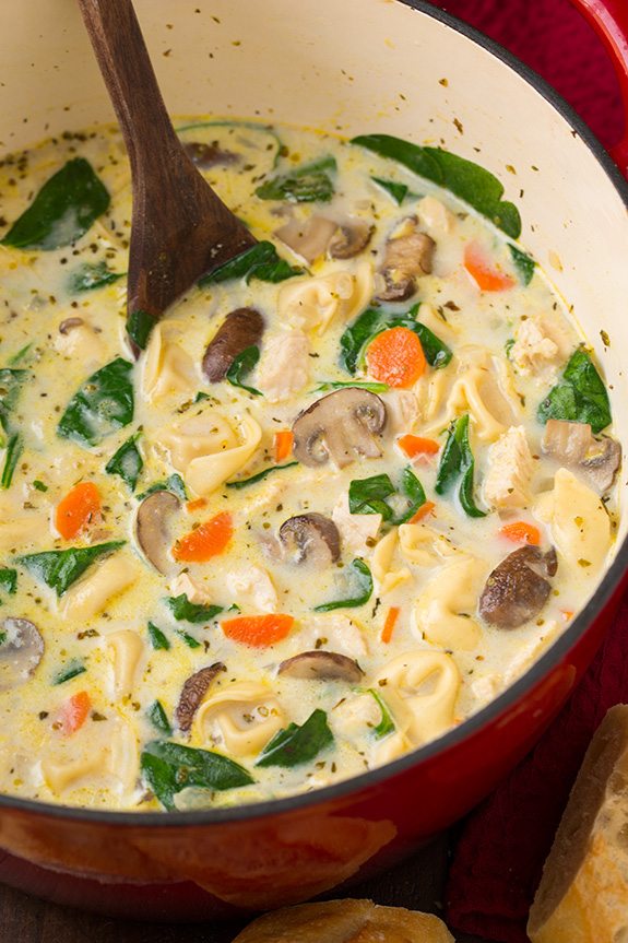 Creamy Chicken, Spinach and Mushroom Tortellini Soup | Easy Cooking Zone