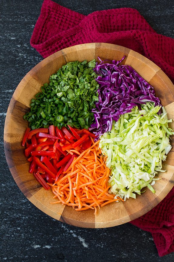 asian slaw ingredients in large serving bowl