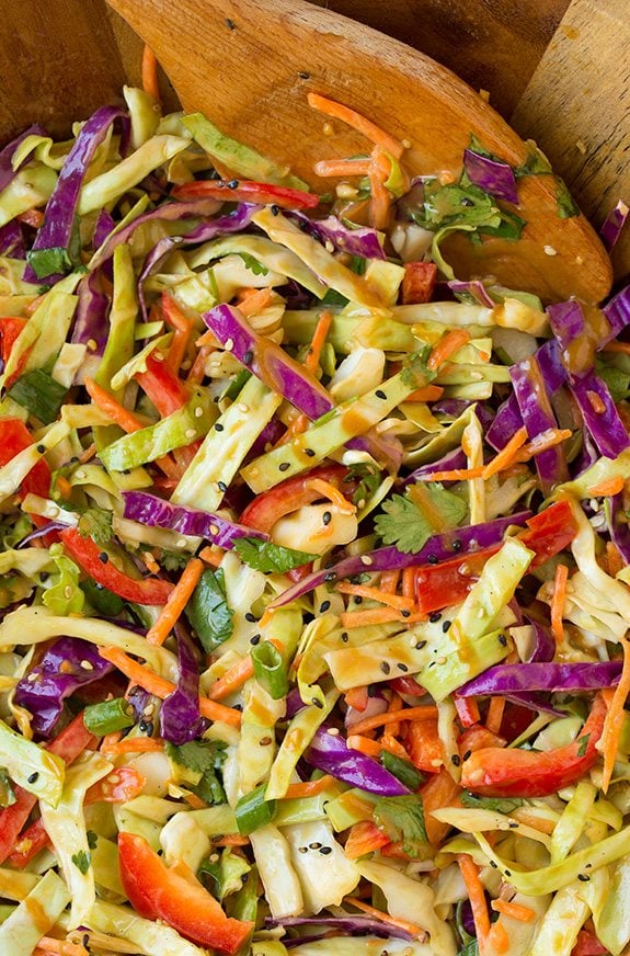 close up of asian slaw tossed with thai peanut dressing