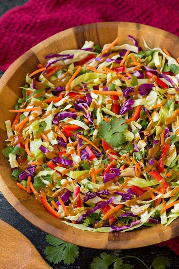 Asian slaw in wooden serving bowl