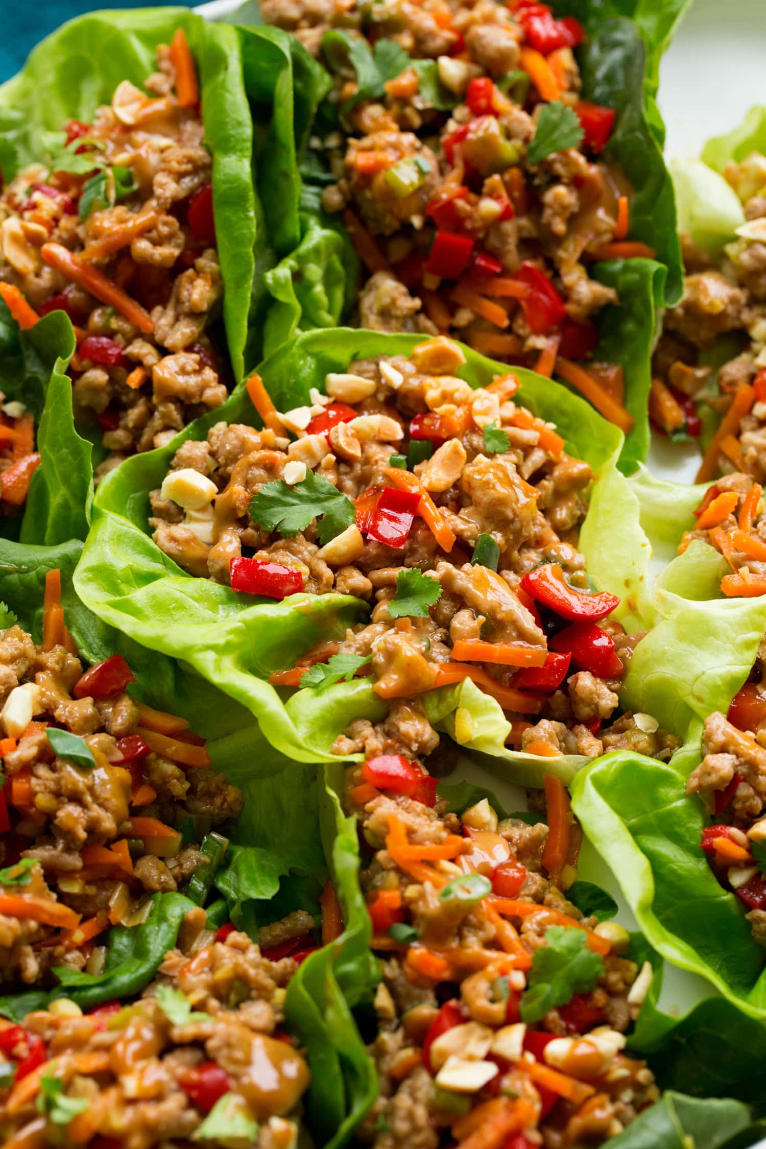 Close up photo of Thai lettuce wraps with peanut sauce.