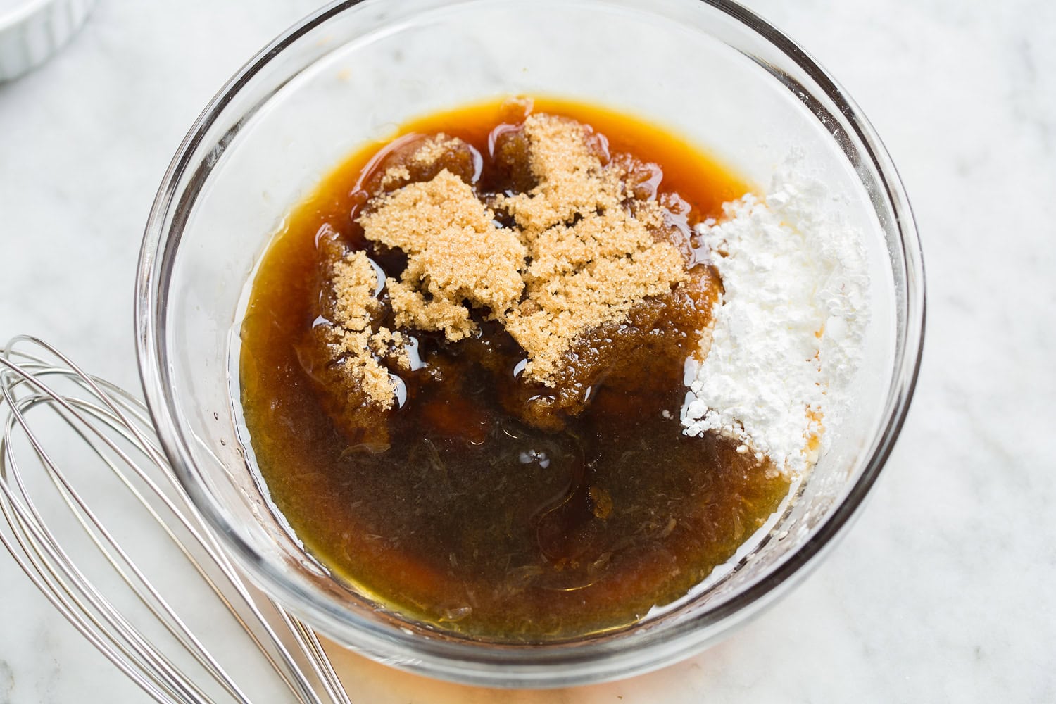 Lettuce wrap sauce shown before mixing in a glass bowl.