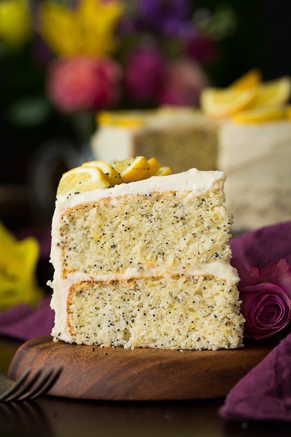 slice of Lemon Poppy Seed Cake with Cream Cheese Frosting