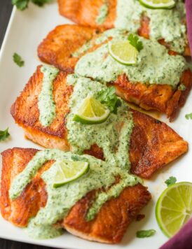 Skillet Seared Salmon with Creamy Cilantro Lime Sauce