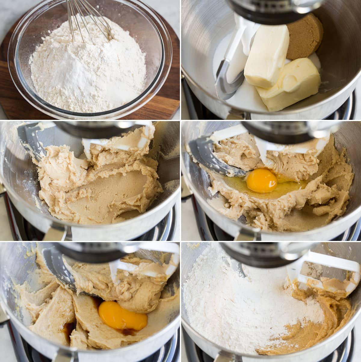 Collage of six images showing first six steps to preparing homemade snickerdoodle cookie dough. Shows whisking dry ingredients in glass bowl. Then mixing butter sugars in stand mixer, and blending in egg and yolk. And last mixing in flour mixture.