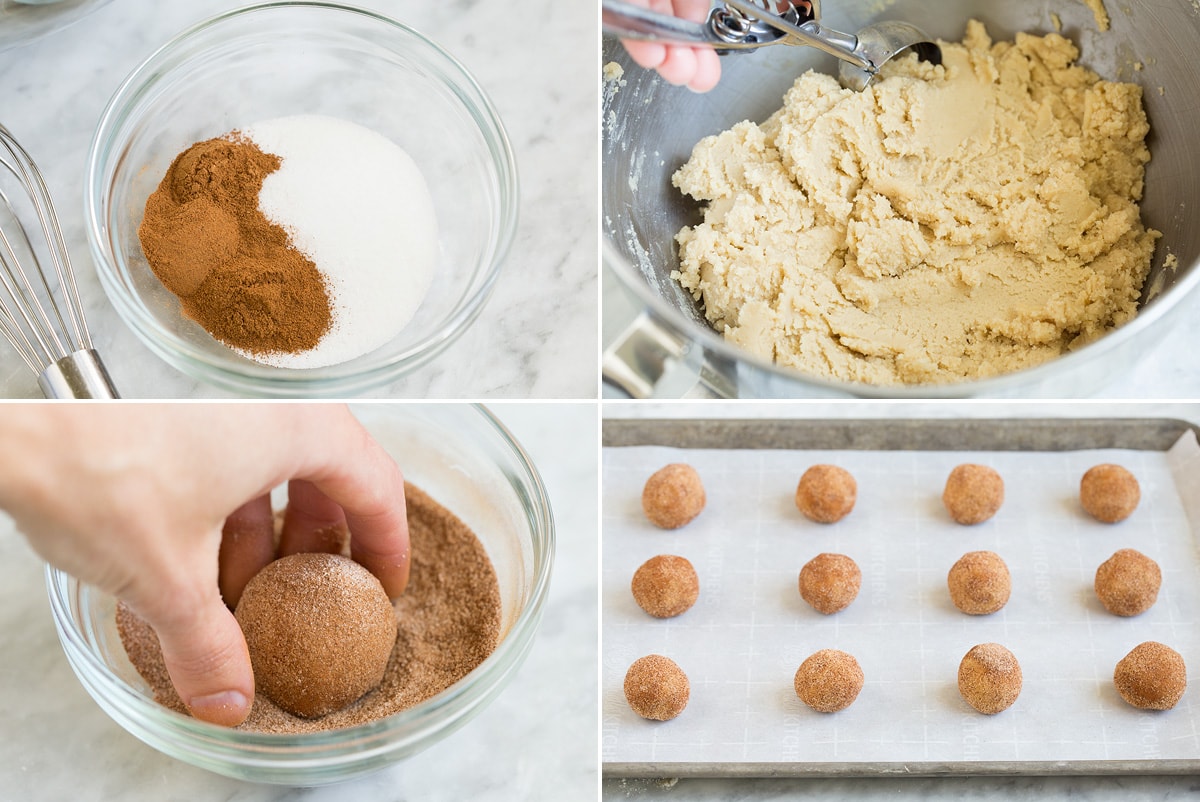 Collage of four images showing remaining four steps of preparing snickerdoodles. Shows mixing cinnamon sugar in a bowl, scooping cookie dough out of mixer bowl, and rolling cookie dough ball in cinnamon sugar. Last it shows cookie dough balls on baking sheet before baking. 