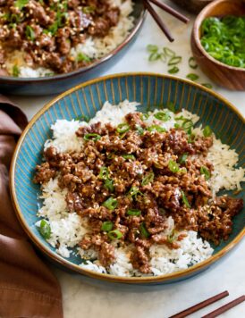 Ground korean beef bowl served over white rice.