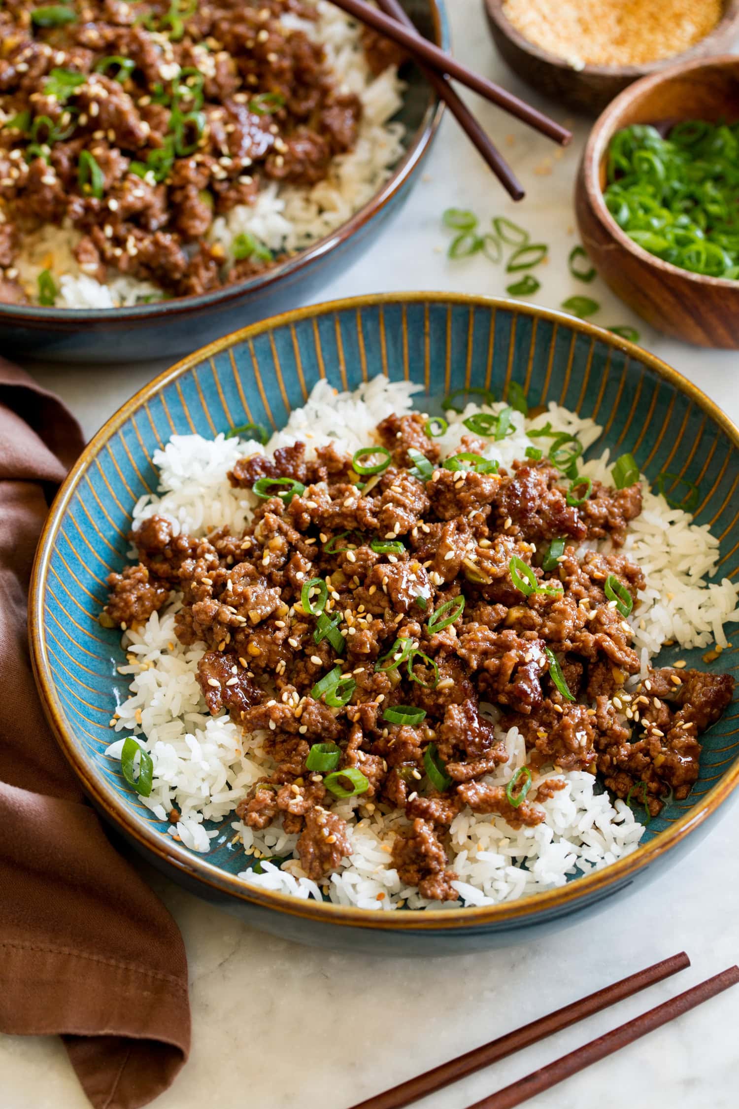 Ground korean beef bowl served over white rice.