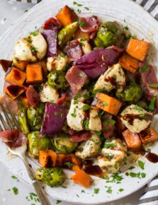 Sheet Pan Chicken Sweet Potatoes and Brussels Sprouts with Bacon and Balsamic Glaze