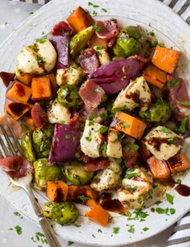 Sheet Pan Chicken Sweet Potatoes and Brussels Sprouts with Bacon and Balsamic Glaze