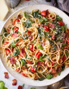 Bacon Spinach and Tomato Spaghetti