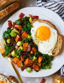 Sweet Potato Kale Bacon and Avocado Hash