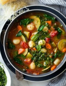 Gnocchi Vegetable Soup with Pesto and Parmesan