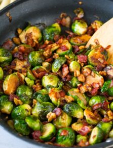 Sauteed Brussels Sprouts with Bacon Onions and Walnuts