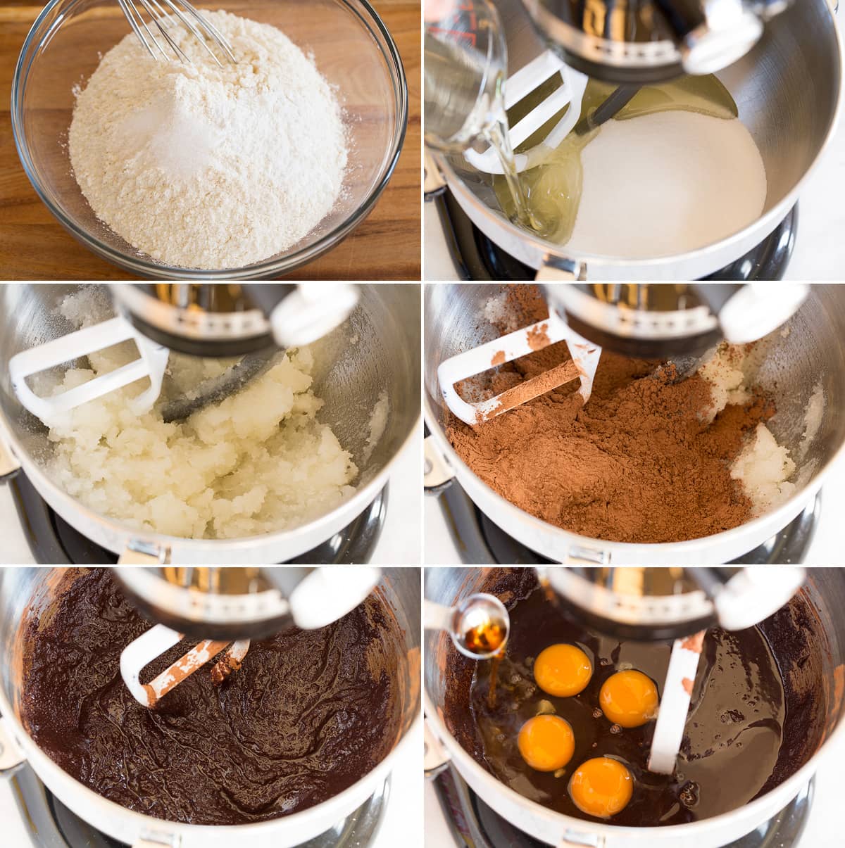 Collage of six images showing how to make chocolate crinkle cookies. First image is mixing dry ingredients in mixing bowl. Next shows mixing oil and sugar in stand mixer and shows it blended after. Then shows cocoa before and after mixing in. And last adding in eggs.