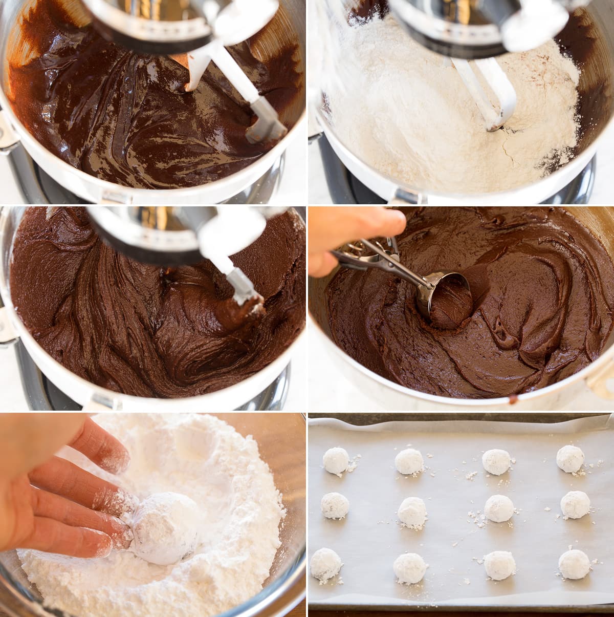 Collage of six images showing steps to finishing crinkle cookie dough by mixing in flour. Then shows scooping it out with a cookies scoop after dough is chilled and more solid. Then image shows rolling in powdered sugar and last includes dough balls on baking sheet.