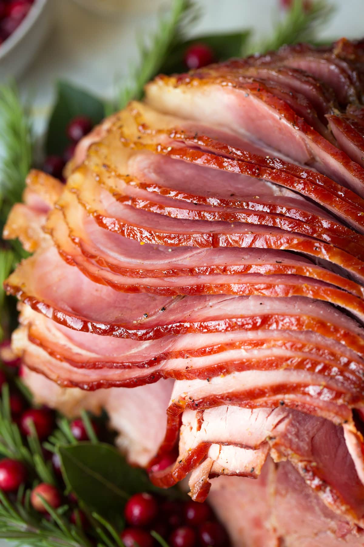 Close up image of honey baked ham slices