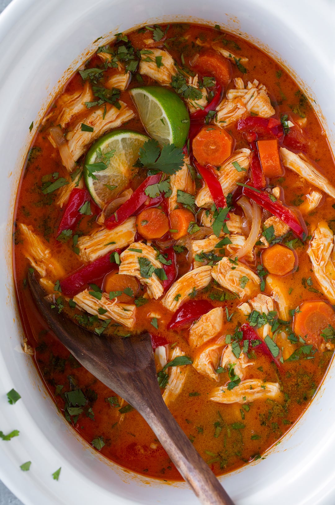 An overhead shot of Slow Cooker Thai Chicken Curry in a slow cooker