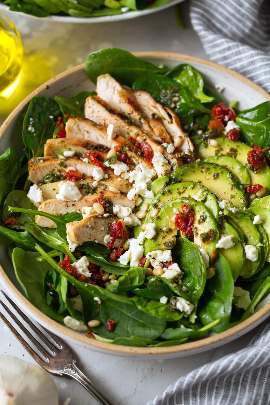 Grilled Chicken Sun Dried Tomato and Avocado Spinach Salad