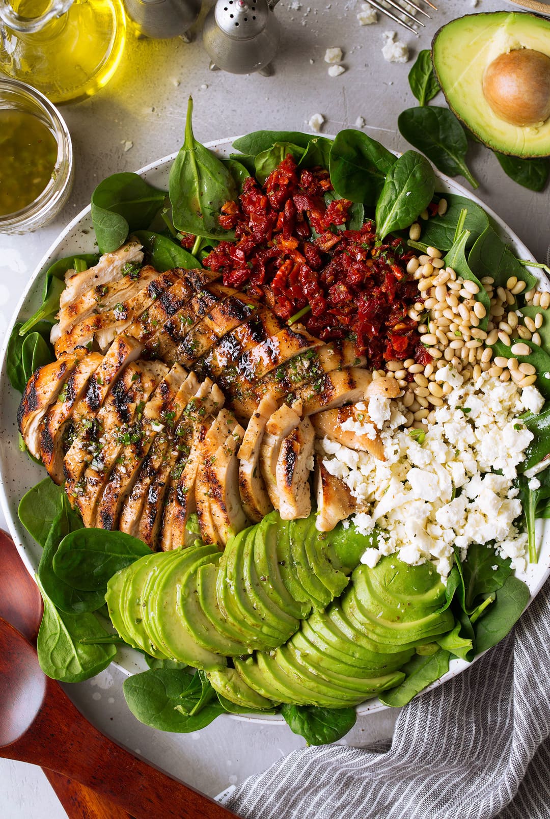 Grilled Chicken Sun Dried Tomato and Avocado Spinach Salad