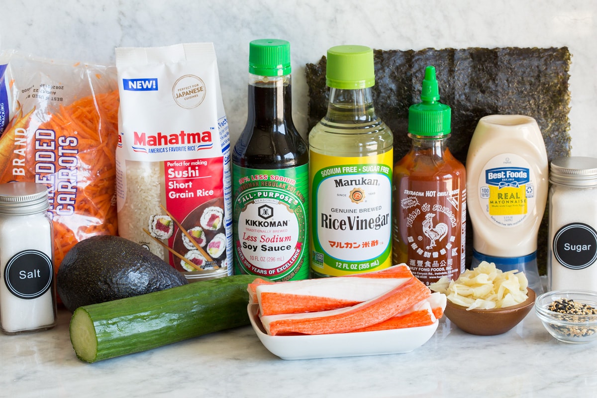 Photo of ingredients used to make a sushi bowl.