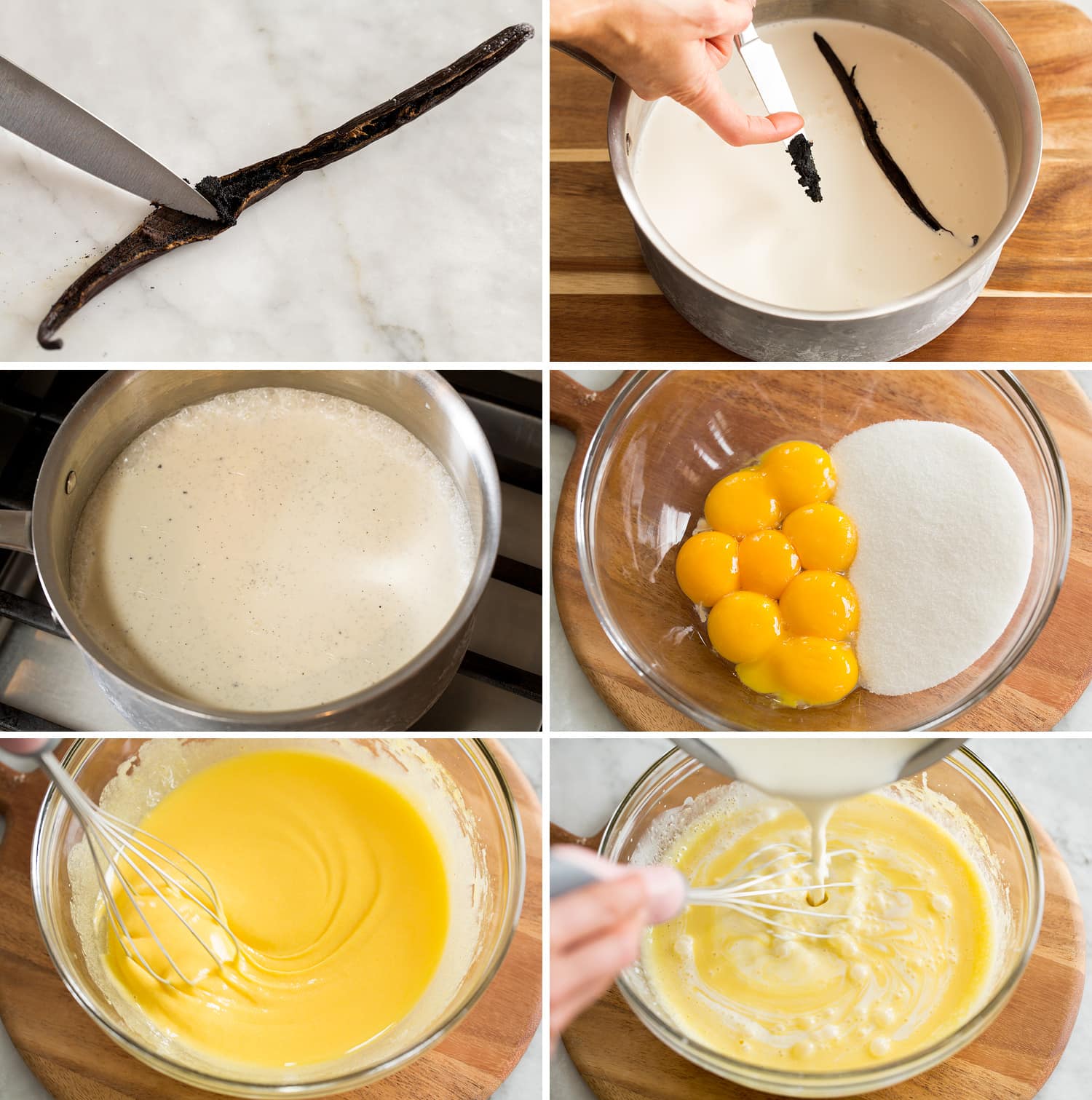 Six steps showing how to make creme br^ulée custard.