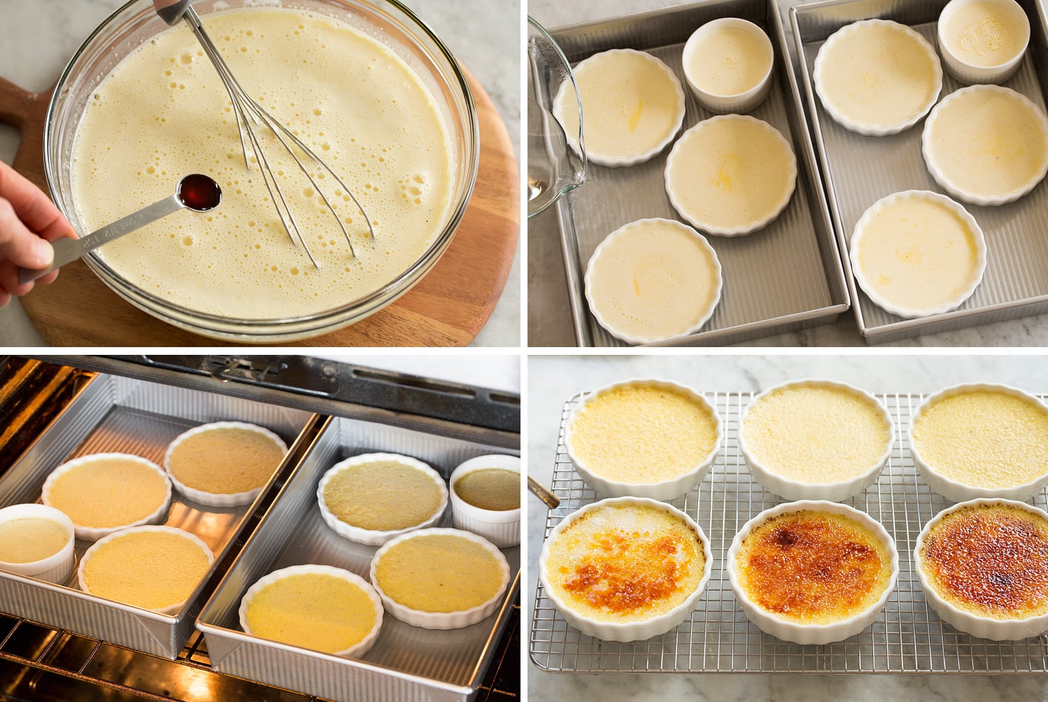 Four photos showing how fill custard cups and bake creme br^ulée in a water bath.