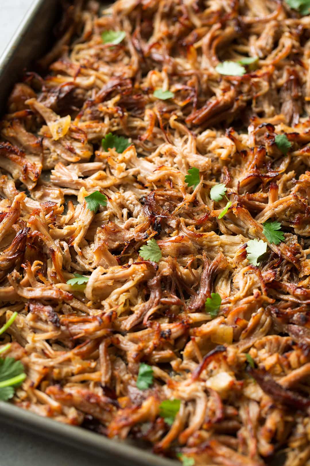 Carnitas shown here after broiling on a baking sheet