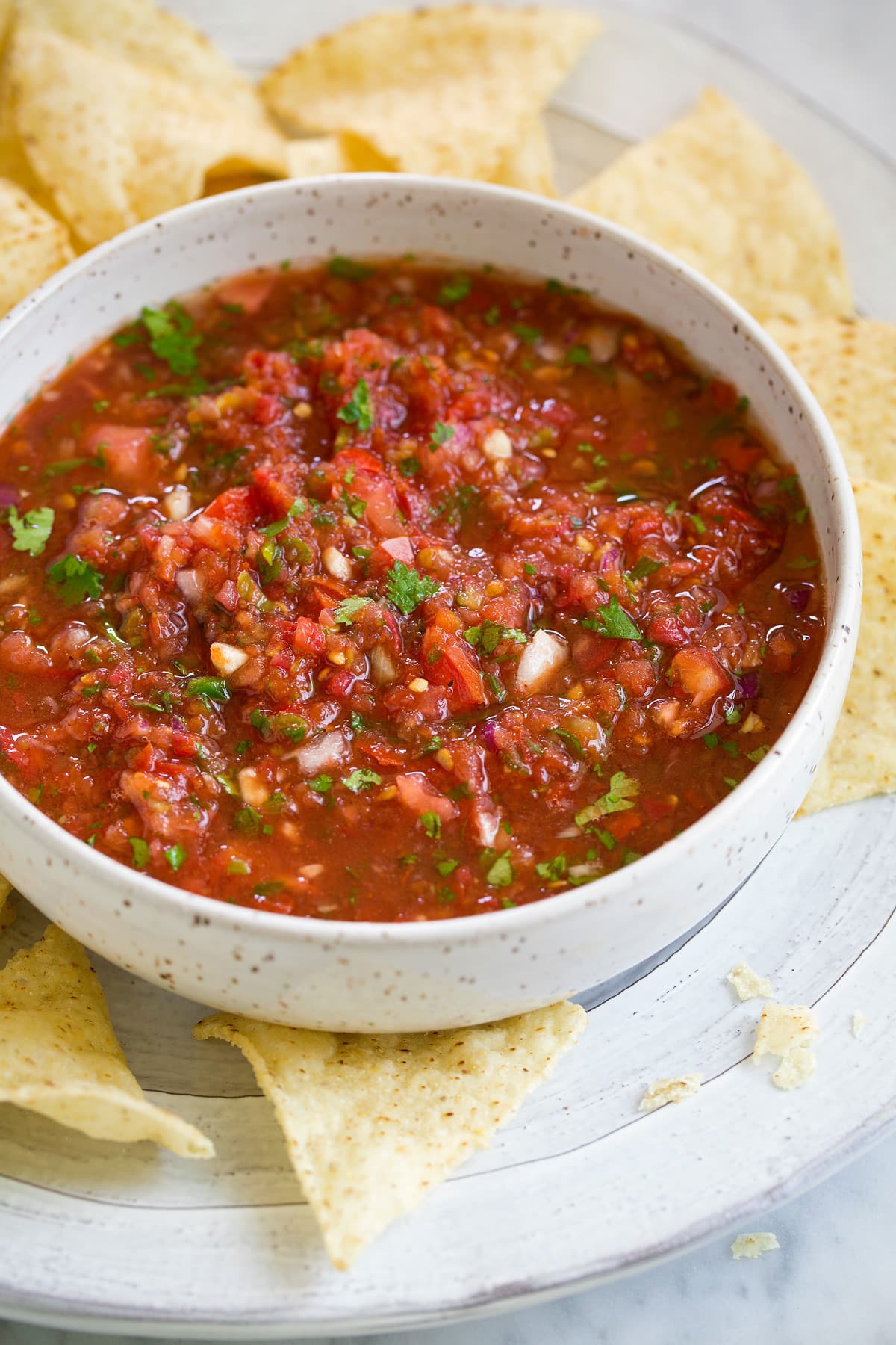 Fresh Homemade Salsa in a bowl next to tortilla chips