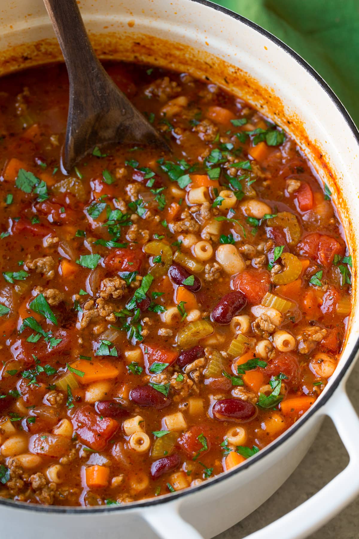 Pasta e Fagioli Soup in a large white pot.